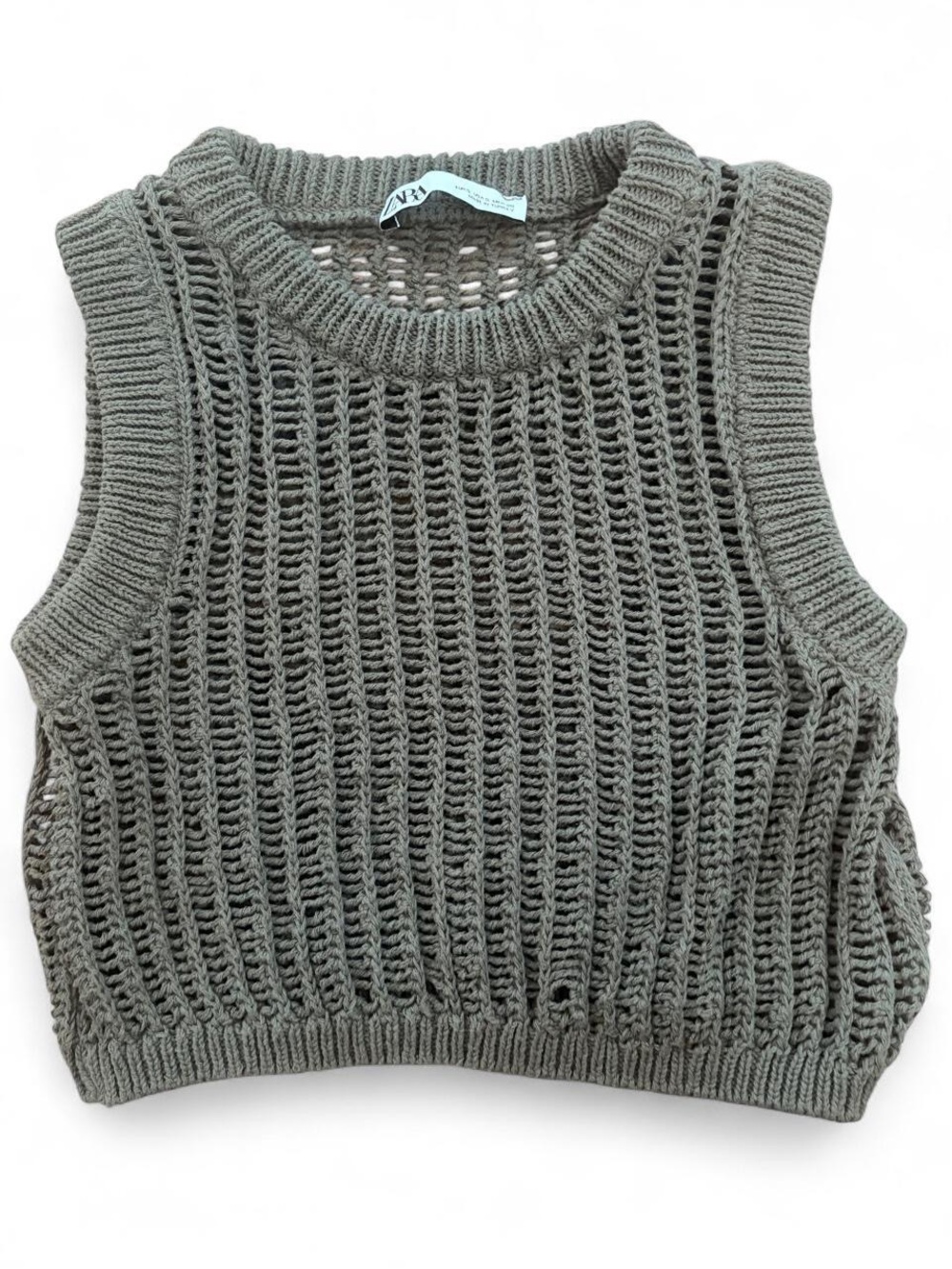 Zara Olive Green Open Stitch Crochet Cropped Sweater Vest - Size S